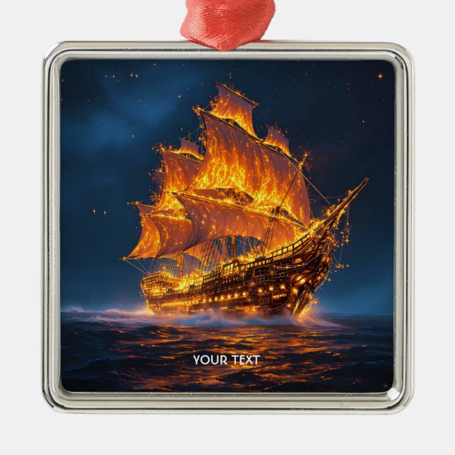 Ornamento De Metal Fantasy Cute Fire Ship Sea (Frente)