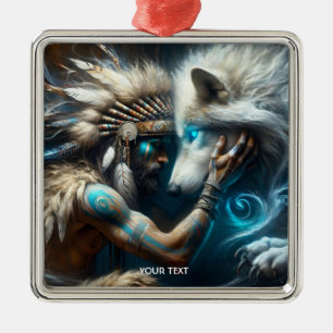 Ornamento De Metal Fantasy Cute Man Hugging Wolf