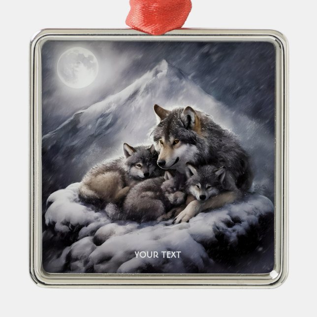 Ornamento De Metal Fantasy Cute Wolf Family Winter (Frente)