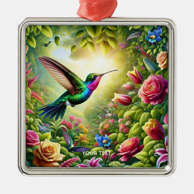 Ornamento De Metal Fantasy Flowers Cute Rainbow Hummingbird (Frente)