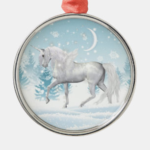 Ornamento De Metal Fantasy Winter Pegasus Unicorn Na Neve
