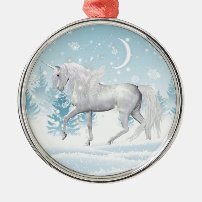 Ornamento De Metal Fantasy Winter Pegasus Unicorn Na Neve (Frente)