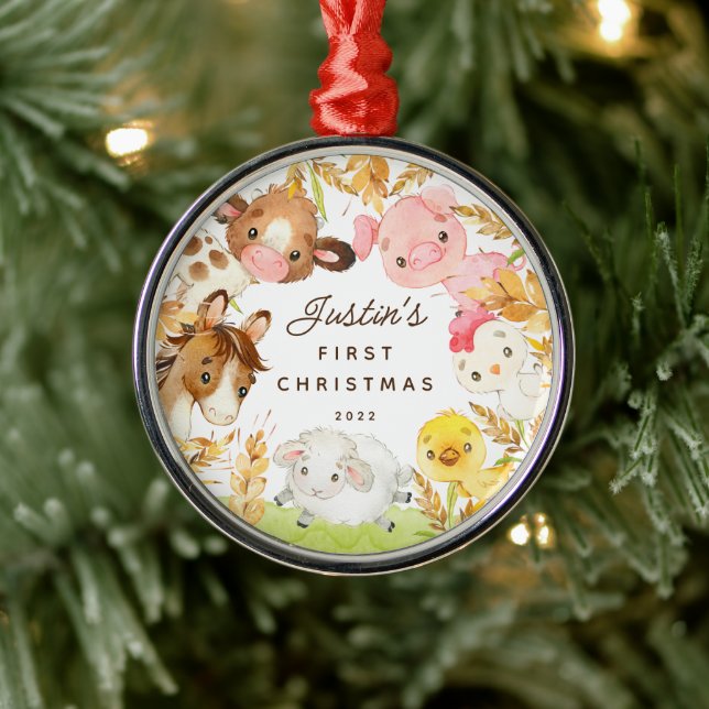 Ornamento De Metal Fazenda Amigos Bebê Primeiro Natal (Árvore)