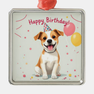 Ornamento De Metal Feliz Aniversário Cachorro com Chapéu de Festa e B