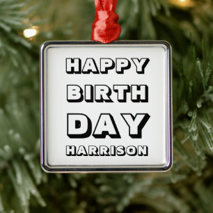 Ornamento De Metal Feliz Aniversário, preto e branco, nome personali