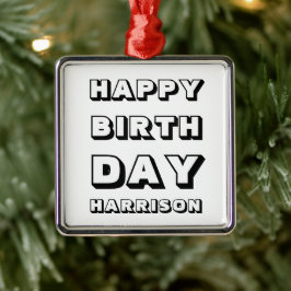 Ornamento De Metal Feliz Aniversário, preto e branco, nome personaliz