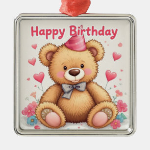 Ornamento De Metal Feliz Aniversário Urso Teddy Fofo com Corações Ros