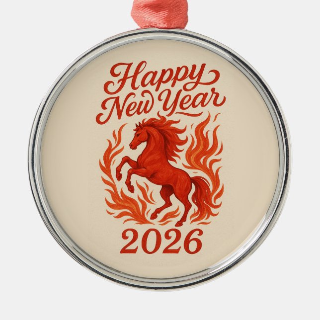 Ornamento De Metal Feliz ano novo 2026 Cavalo de Fiery (Frente)