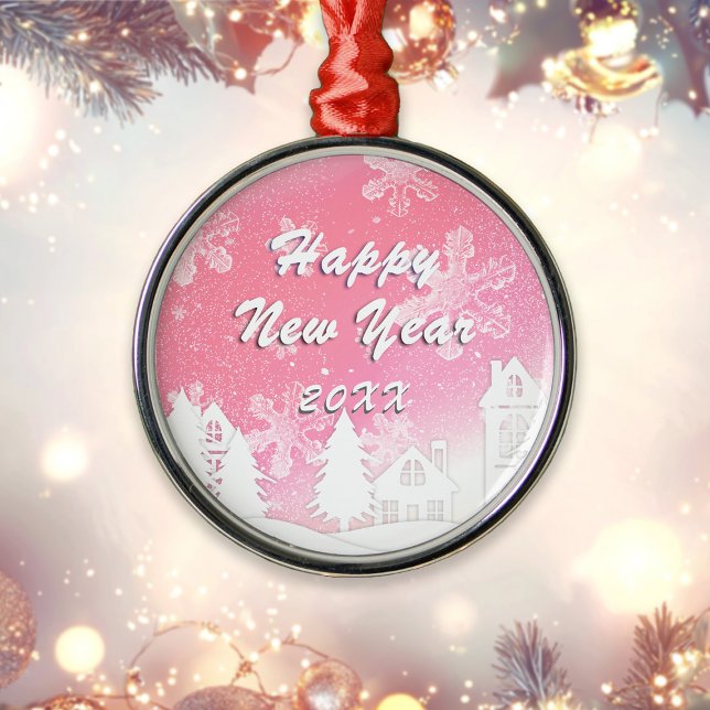 Ornamento De Metal Feliz ano novo da Casa Branca de Neve Rosa (Criador carregado)