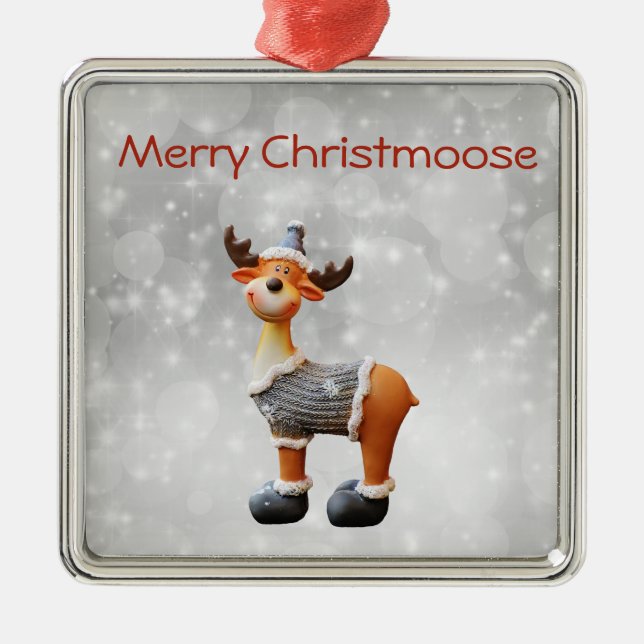 Ornamento De Metal Feliz Christmoose vestindo um chapéu (Frente)