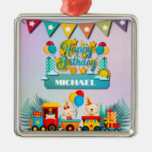 Ornamento De Metal Feliz Comboio De Aniversário Com Bichinhos