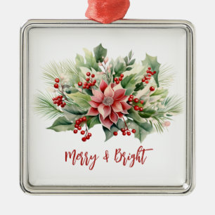 Ornamento De Metal Feliz e Bright Poinsettia Red Berries Natal