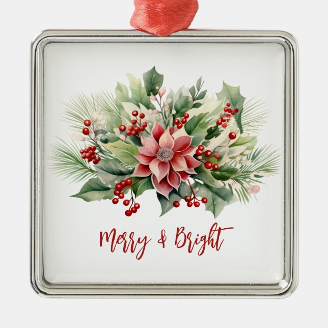 Ornamento De Metal Feliz e Bright Poinsettia Red Berries Natal (Frente)