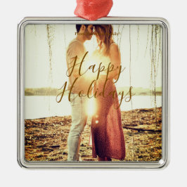 Ornamento De Metal Feliz feriado marrom adicionar casal nome da foto 