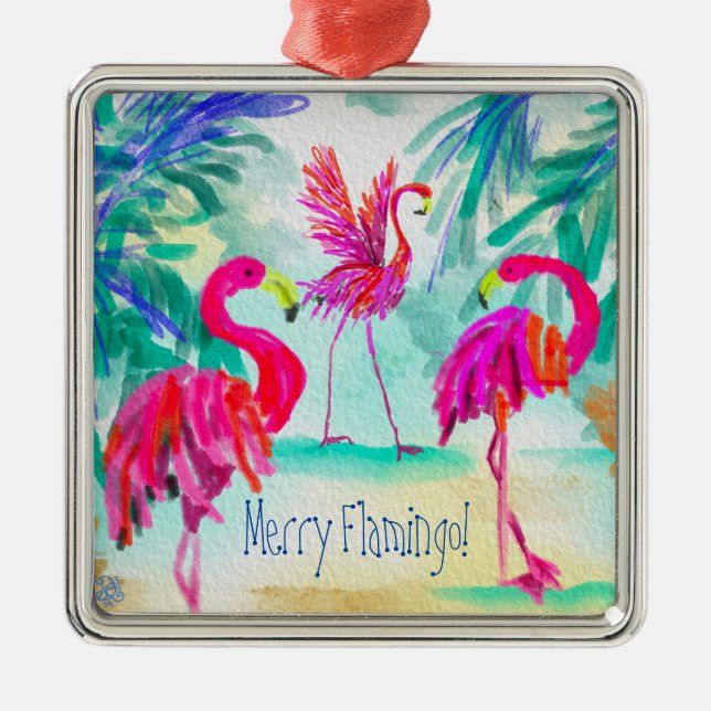 Ornamento De Metal Feliz Flamingo Ornament (Frente)
