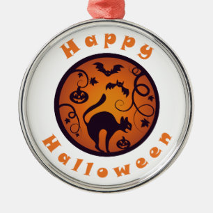 Ornamento De Metal Feliz Halloween lanterna gato preto aranhas e morc
