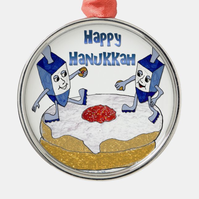 Ornamento De Metal Feliz Hanukkah Dançando Dreidels Jelly Doughnut (Frente)