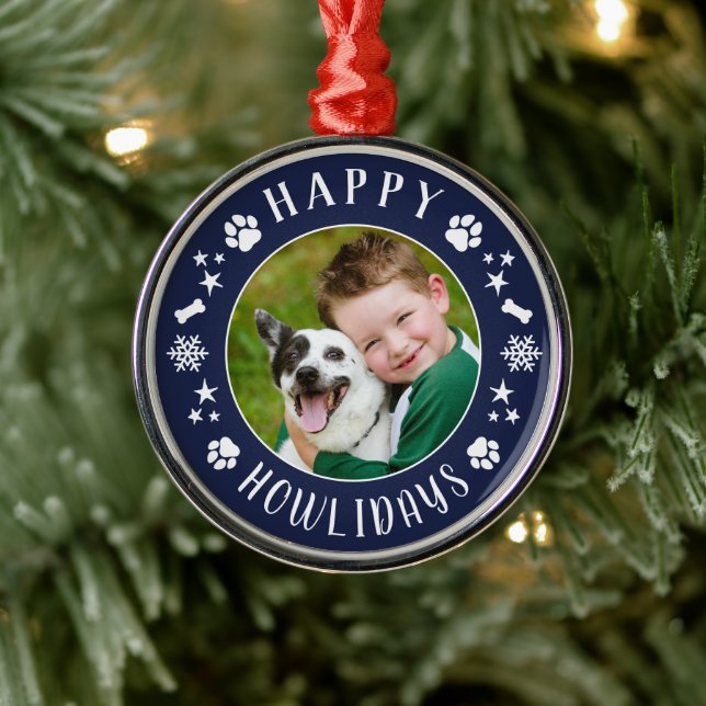 Ornamento De Metal Feliz Howlidays Marinho Blue Custom Dog Photo (Árvore)