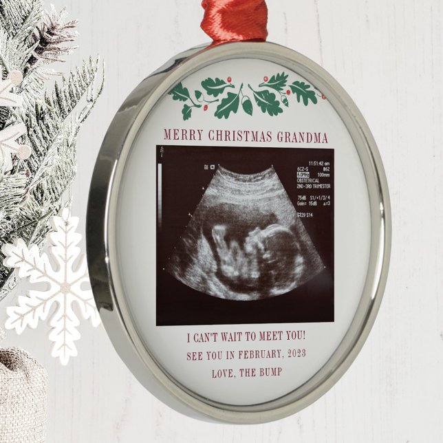 Ornamento De Metal Feliz Natal Avó Grávida Anúncio (Grandma Keepsake Christmas Sonogram Baby Announcement Metal Ornament)