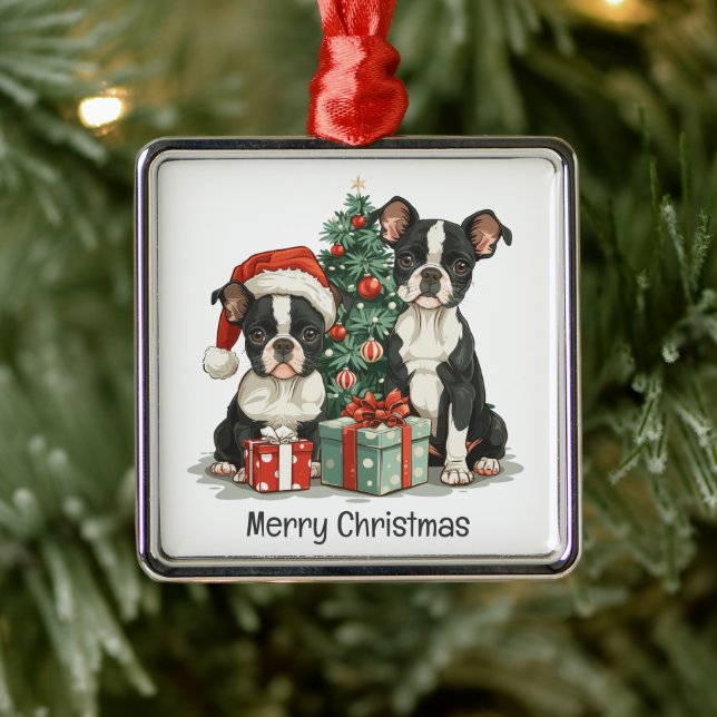 Ornamento De Metal Feliz Natal - Boston Terrier Dogs (Árvore)