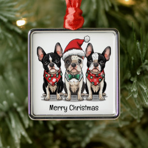 Ornamento De Metal Feliz Natal - Boston Terrier Dogs