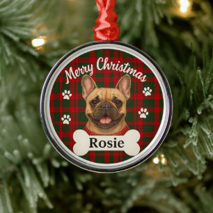Ornamento De Metal Feliz Natal Bulldogue Francês Xadrez Vermelho e Ve