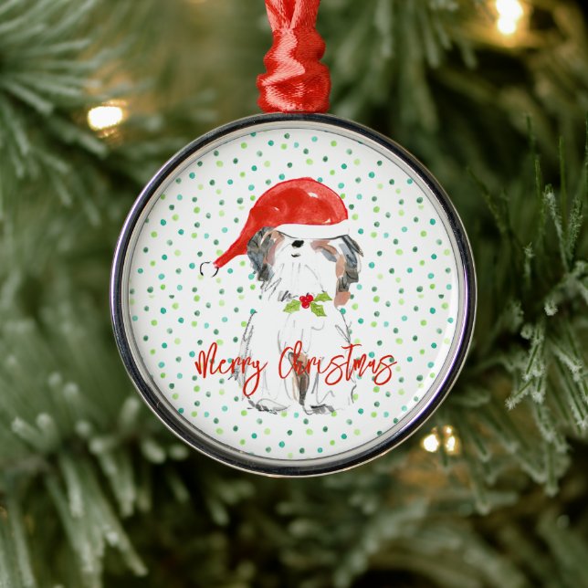 Ornamento De Metal Feliz Natal Cachorro Festivo Santa Hat Holly (Árvore)