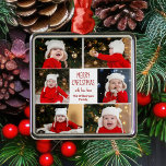 Ornamento De Metal Feliz Natal Colagem de Fotos Personalizada<br><div class="desc">Este adorável ornamento de Feliz Natal personalizado apresenta um layout clássico de 6 fotos da família em um fundo branco com bonito tipografia vermelha e verde. Este belo presente de decoração fotográfico para crianças apresenta a colagem fotográfica do seu próprio filho em vermelho, em volta da sua mensagem festiva e...</div>