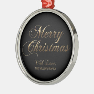 Ornamento De Metal Feliz Natal Com Amor Adicione Nome Preto e Dourado