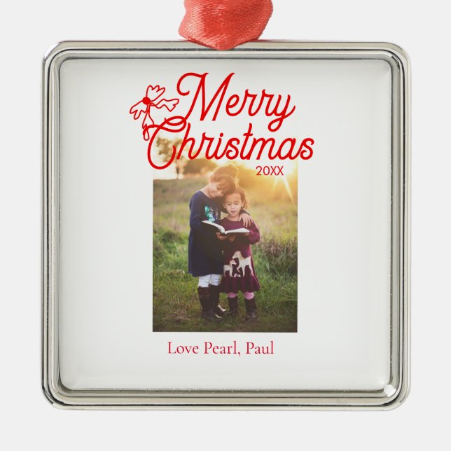 Ornamento De Metal Feliz Natal crianças arcos vermelhas foto elegante (Frente)
