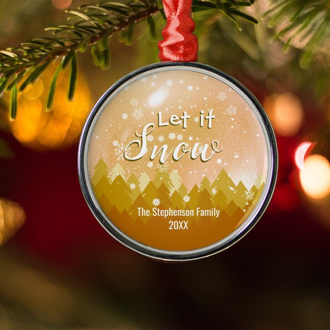 Ornamento De Metal Feliz Natal da Floresta de Neve Dourada Personaliz (Criador carregado)