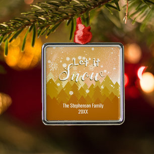 Ornamento De Metal Feliz Natal da Floresta de Neve Dourada Personaliz