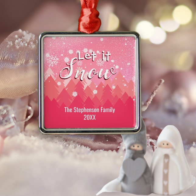 Ornamento De Metal Feliz Natal da Floresta de Neve Rosa Personalizada (Criador carregado)