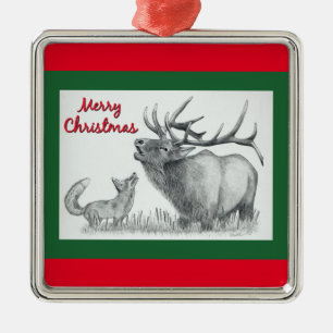 Ornamento De Metal Feliz Natal Elk e Fox