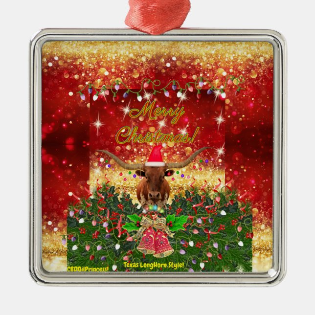Ornamento De Metal FELIZ NATAL! Estilo Texas LongHorn! (Frente)