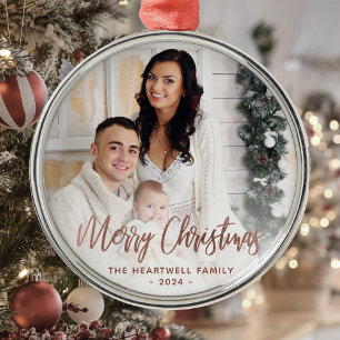 Ornamento De Metal Feliz Natal Foto de Família em Script Dourado Rosa