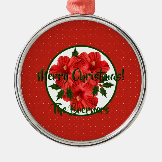 Ornamento De Metal Feliz Natal Hibiscus Holly Holiday Round (Frente)