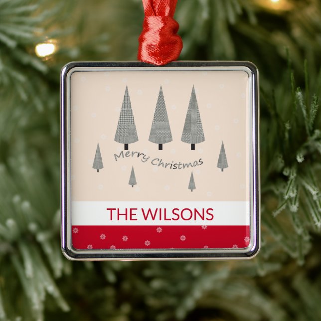 Ornamento De Metal Feliz Natal Houndstooth Moderno Vermelho (Árvore)