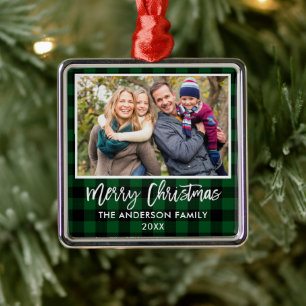 Ornamento De Metal Feliz Natal para a Família de Xadrezes Verde com 
