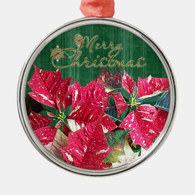Ornamento De Metal Feliz Natal Poinsettia Premium Ornament (Frente)