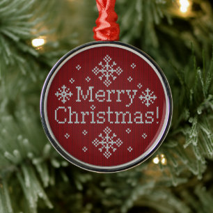 Ornamento De Metal Feliz Natal Red & White Faux Knit