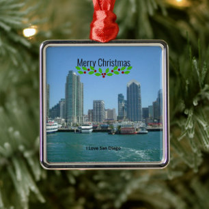 Ornamento De Metal Feliz Natal, San Diego Skyline,