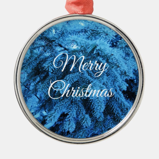 Ornamento De Metal Feliz Natal Snowy Forest Spruce Branches (Frente)
