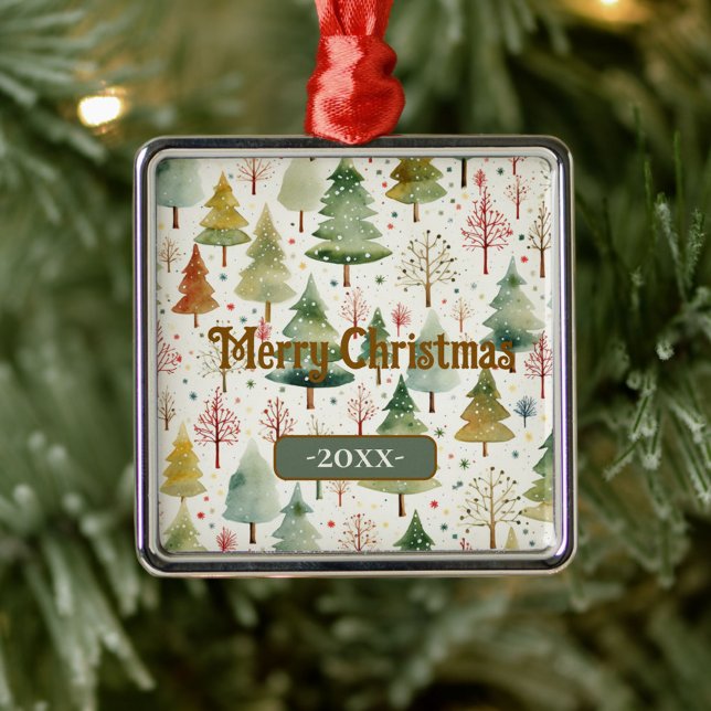 Ornamento De Metal Feliz Natal Verde Pinheiros (Criador carregado)