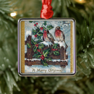 Ornamento De Metal Feliz Natal Vintage Pássaros e Folhas de Azevinho