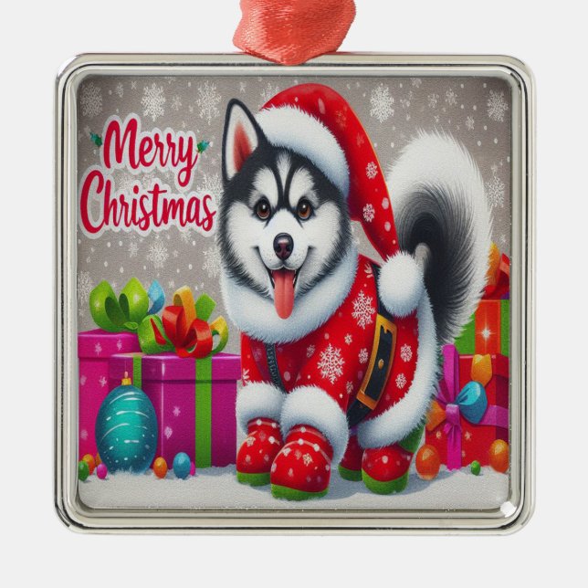 Ornamento De Metal Feliz Natal Whimsical Siberian Husky Dog Xmas (Frente)