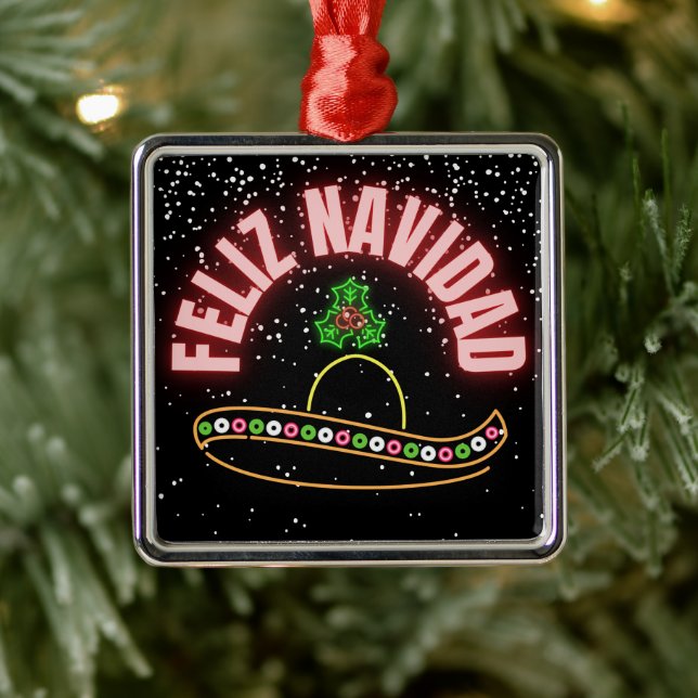 Ornamento De Metal Feliz Navidad Neon Sombrero Holiday (Árvore)