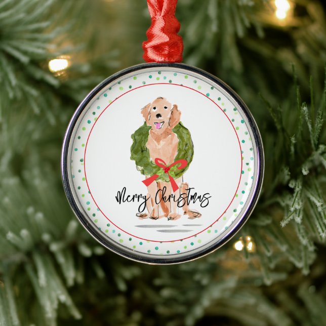 Ornamento De Metal Feliz Ouro de Natal Retriever Dog Wreath Holly (Árvore)