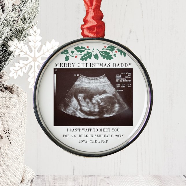 Ornamento De Metal Feliz Pai de Natal Gravidez Ultrasom (Sonogram Merry Christmas Daddy Pregnancy Announcement Metal Ornament)