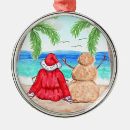 Ornamento De Metal Feliz Papai noel de Natal e Snowman na Praia